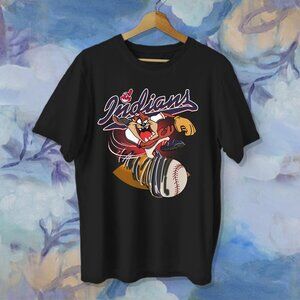 Funny Graphic T-Shirt Cleveland Indians Taz Mania Looney Tunes Baseball Shirt